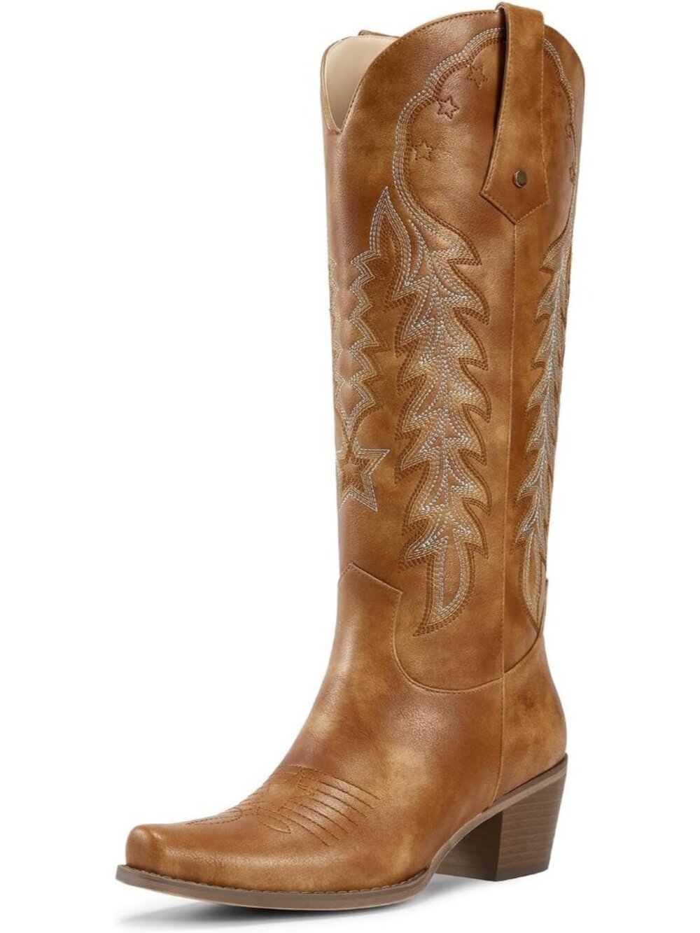 Women Brown Leather Pull On Knee High Cowgirl Retro Embroidered Chunky Heel